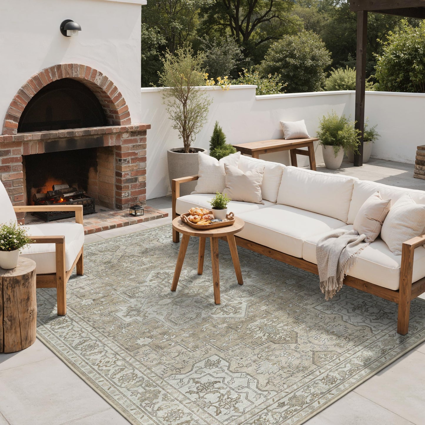 GENIMO Outdoor & Indoor Area Rug 5'x8', Waterproof, Non-Shedding, Easy Cleaning, Boho Mat for Patio, Living Room, Balcony, Dining Room, RV, Deck, Bedroom, Camping, Outside Carpet,Coffee Beige