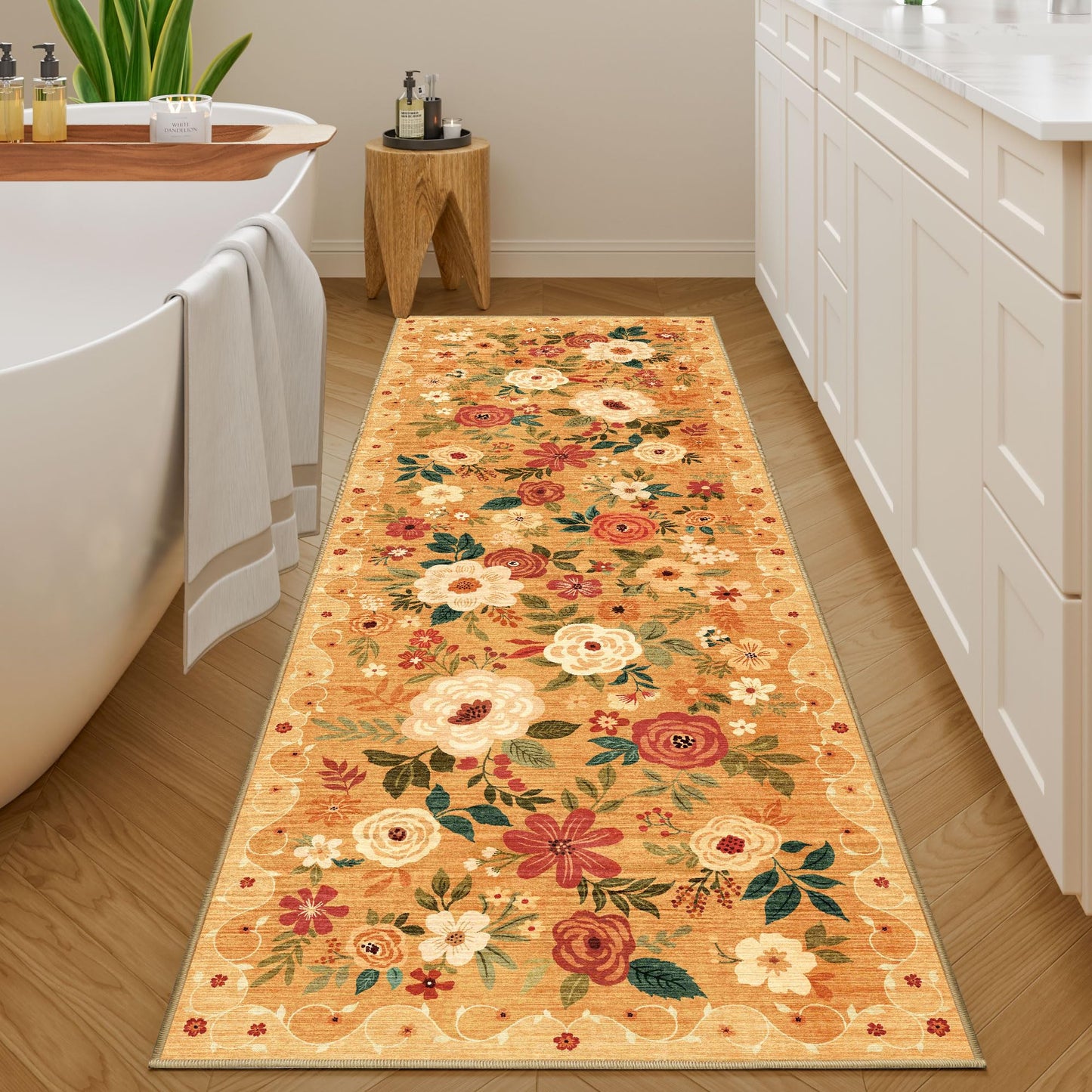 DUKINO 2x6 Runner Rug for Hallway, Washable Kitchen Runner Rug with Non Slip Backing, Low Pile Soft Boho Floral Runner for Kitchen, Hallway, Entryway, Laundry, Bedroom, Orange