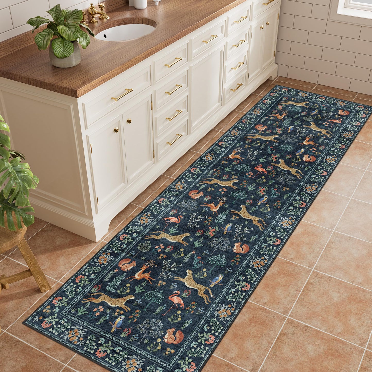 DUKINO 2x6 Rug for Hallway, Washable Kitchen Runner Rug with Non Slip Backing, Soft Low Pile Vintage Animal Runner for Bedroom, Kitchen, Hallway, Entryway, Laundry, Navy Blue