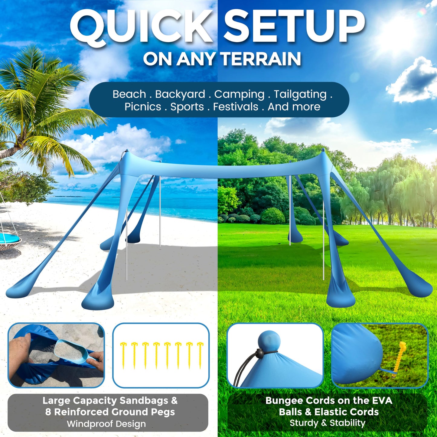 VIONMI Beach Canopy Beach Tent Pop Up Shade 10x10ft Sun Shelter UPF50+ with 8 Sandbags-2 Sand Shovel-4 Aluminum Poles-Ground Pegs-Portable Carrying Bag for Outdoor Family Camping Fishing Yard Picnic