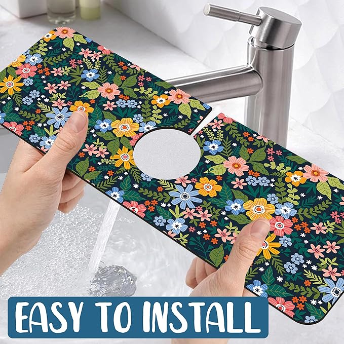Colorful Flower Sink Splash Guard Faucet Mat Flowers Leaves Super Absorbent