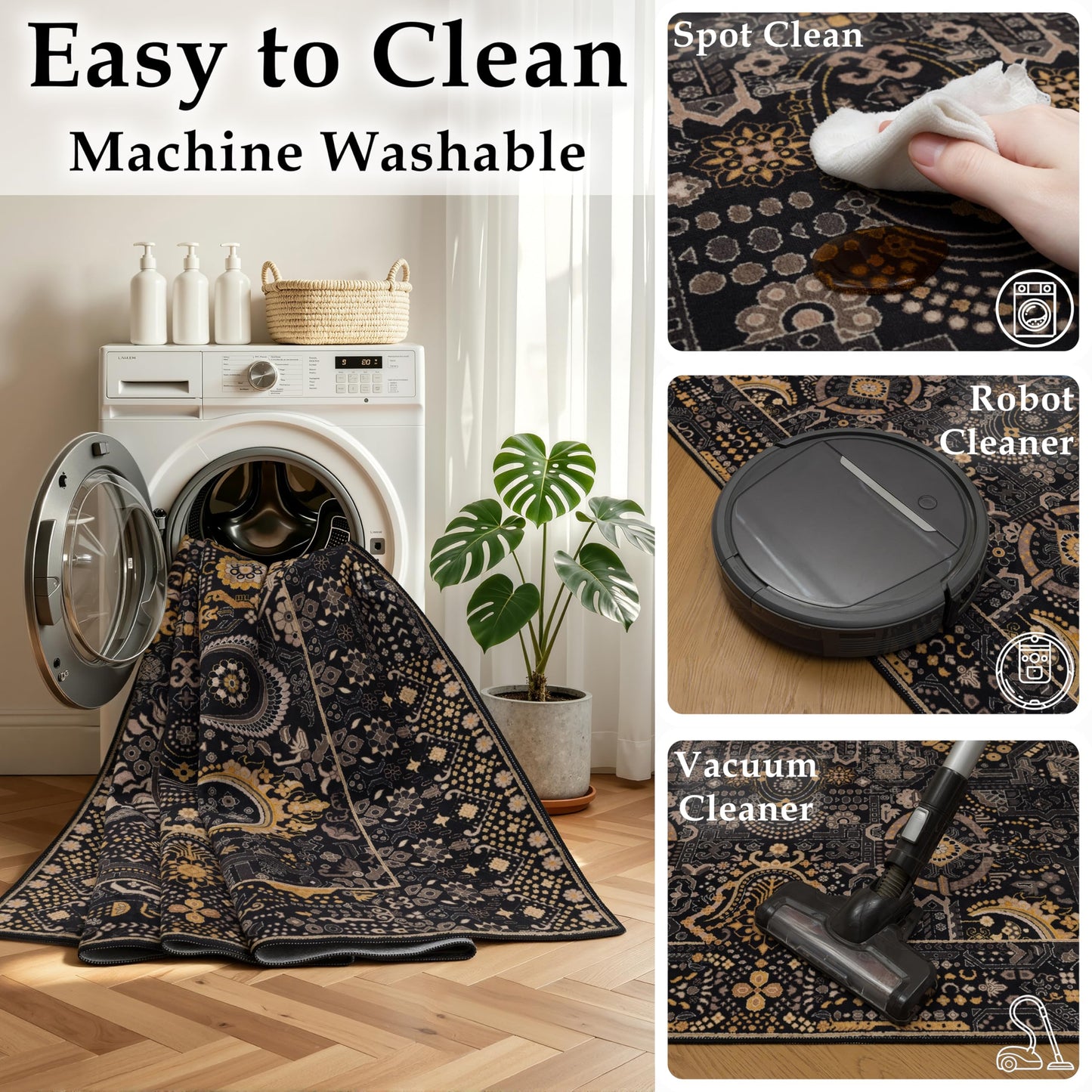 Ruaruarug Area Rug 8'×10', Non Slip Machine Washable Ultra Soft Stain & Fade Resistant, Pet & Kids Friendly, for Living Room/Bedroom/Kitchen/Classroom, Black Gold