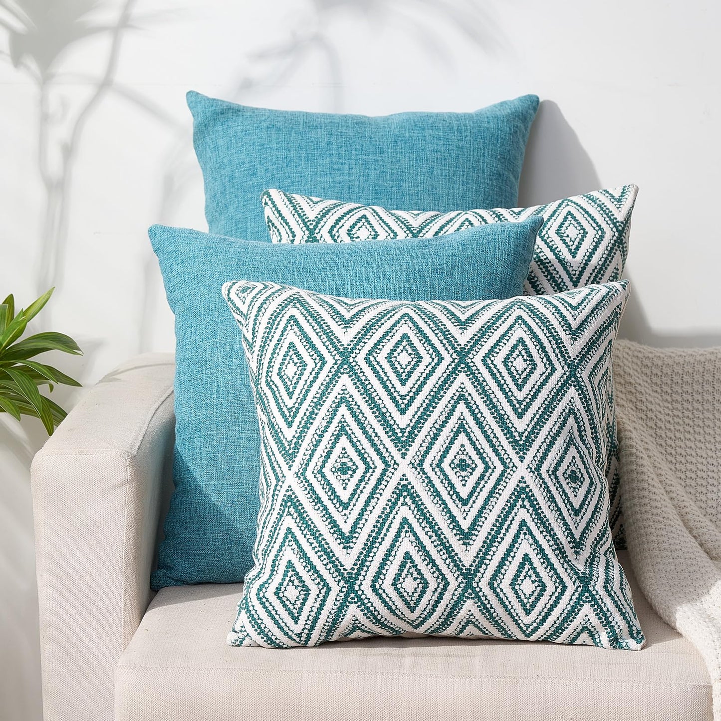 HPUK Decorative Throw Pillow Covers Set of 4 Square Couch Pillows Linen Cushion Cover for Couch Sofa Living Room, 18"x18" inches, Blue