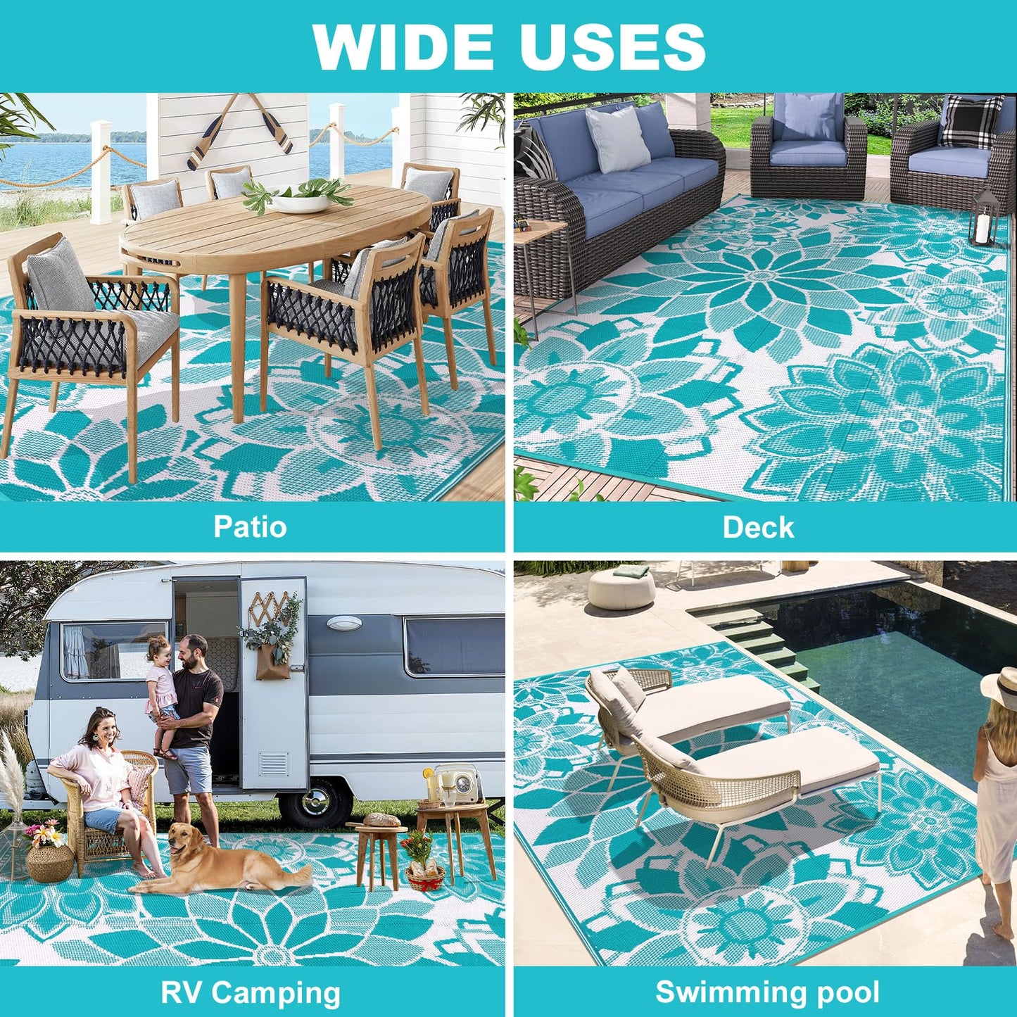 LOKHOM Outdoor Rug for Patio 8x10 ft Reversible Plastic Straw Patio Camping Rug, Floral Waterproof RV Mat for Camper Indoor Outdoor Carpet for Deck Porch Picnic Beach Balcony Backyard, Teal & White