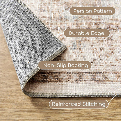 BILEEHOME Boho Farmhouse Bedroom Rug Washable Easy Clean Stain Resistant Vintage Country Rustic Neutral Persian Area Rug for Dining Room Under Table,Light Tan Brown Beig with Terracotta Pattern,5x8