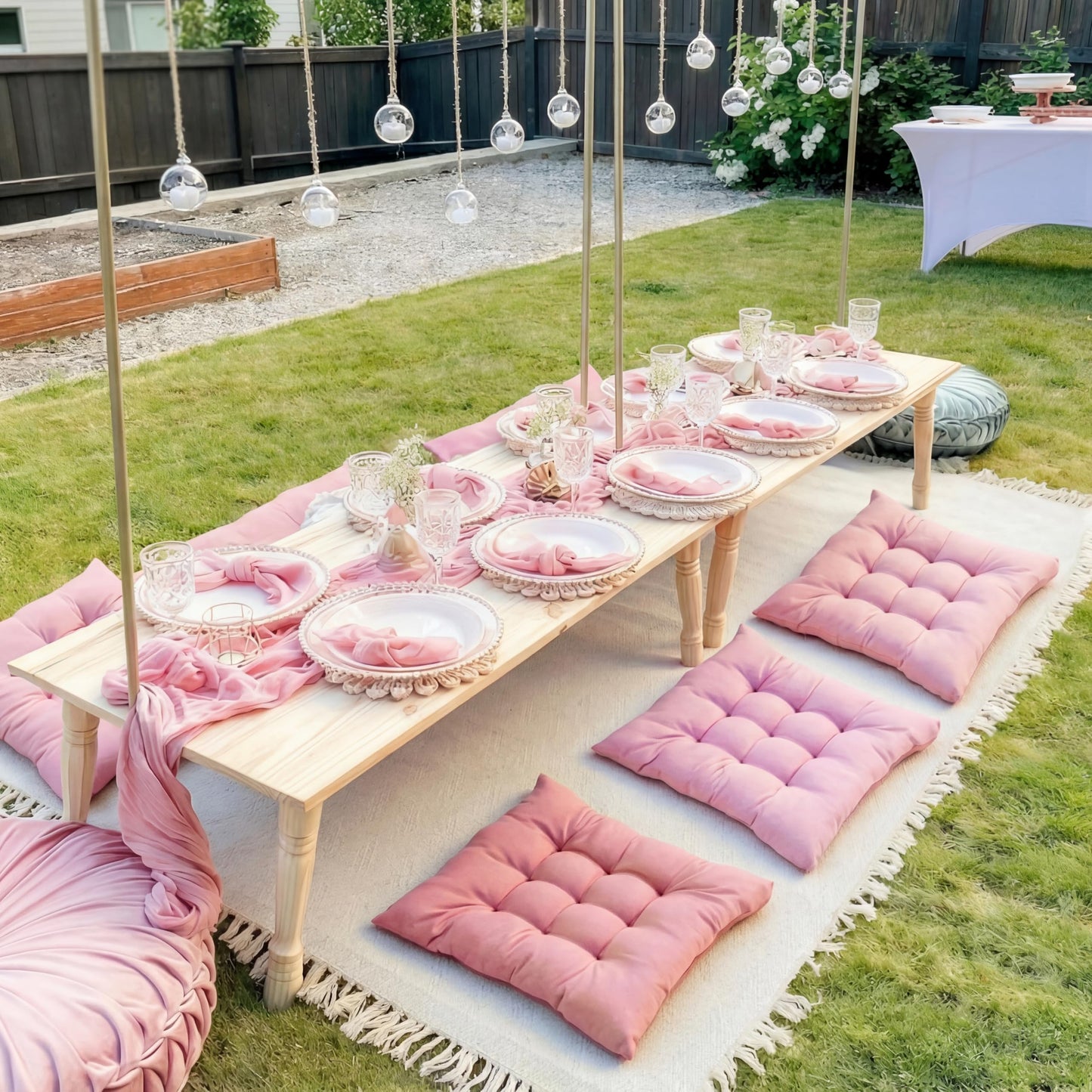 Hillsuren Extra Large Outdoor Picnic Blanket with Table Runner and Floor Pillow Cushion for Picnic Wedding Birthday Baby Shower Backyard (91 x 71'',Pink,6-Person)