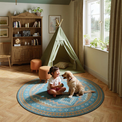 Clemile 6x6 Round Area Rug - Washable Ultra-Thin Living Room Rug Vintage Non-Slip Carpets - Soft & Stain Resistant Rug for Kitchen Bedroom Dining Room Blue Yellow