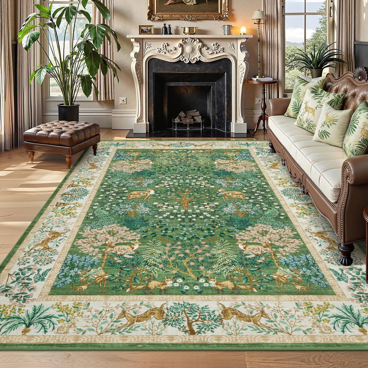 GarveeHome Forest Rugs 5x7 Living Room Rug Non Slip Washable Stain Resistant 5x7 Washable Rugs Jungle Animal Print Low Pile Soft Holiday Decor Carpet for Bedroom Laundry Room,Green
