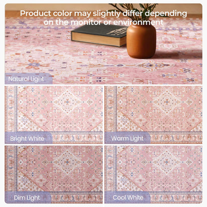 8x10 Area Rugs for Living Room, Machine Washable Low Pile Rug, Non Slip Backing Boho Rugs for Bedroom, Printed Soft Vintage Carpet Peach Pink 8 x 10