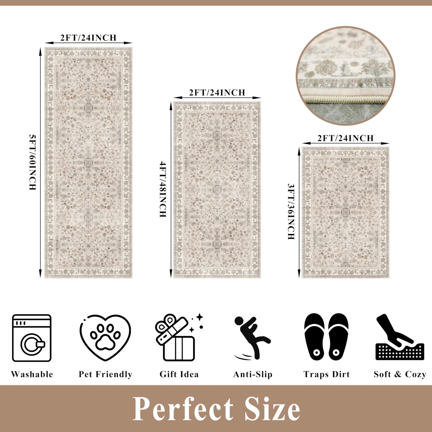 3-Piece Kitchen Rug Set of 3 with Runner – Non-Slip Washable Boho Kitchen Mats for Sink, Floor, Entryway & Hallway & Bathroom – Soft Small Throw Area Rugs, Home Decor (Beige,2x3+2x4+2x5)