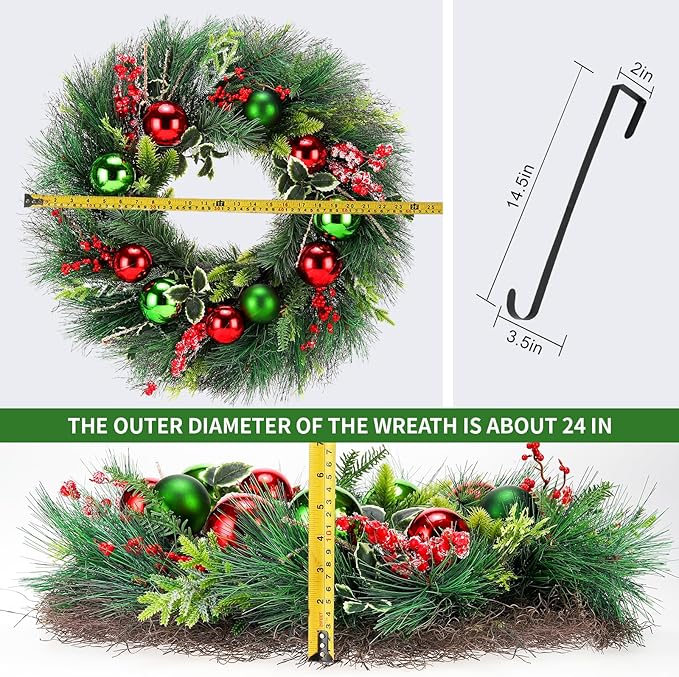 Christmas Wreath, 24inch Christmas Wreaths for Front Door, Artificial Wreaths with Wreath Hanger, Autumn and Winter, Indoors,Outdoors, corridors, Offices. (Green)
