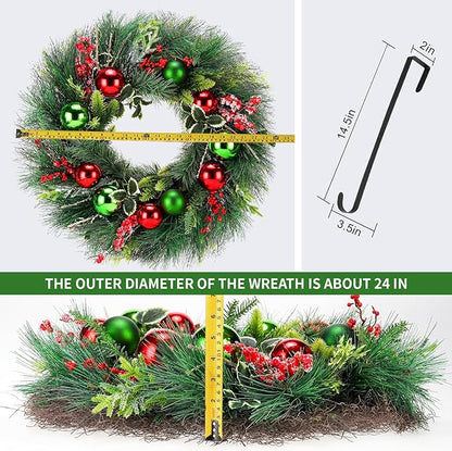 Christmas Wreath, 24inch Christmas Wreaths for Front Door, Artificial Wreaths with Wreath Hanger, Autumn and Winter, Indoors,Outdoors, corridors, Offices. (Green)