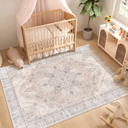 TTelephant 4x6 Bedroom Rug, Soft Non-Slip Vintage Medallion Rug, Low-Pile Printed Indoor 4x6 Washable Area Rugs for Living Room, Bedroom Bedside -Light Blush/Cream