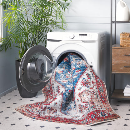 SAFAVIEH Washable Rug Tucson Collection - 6'6' x 9', Blue & Red, Slip Resistant & Easy to Clean, Ideal for Living Room, Bedroom, Dining Space (TSN102M)