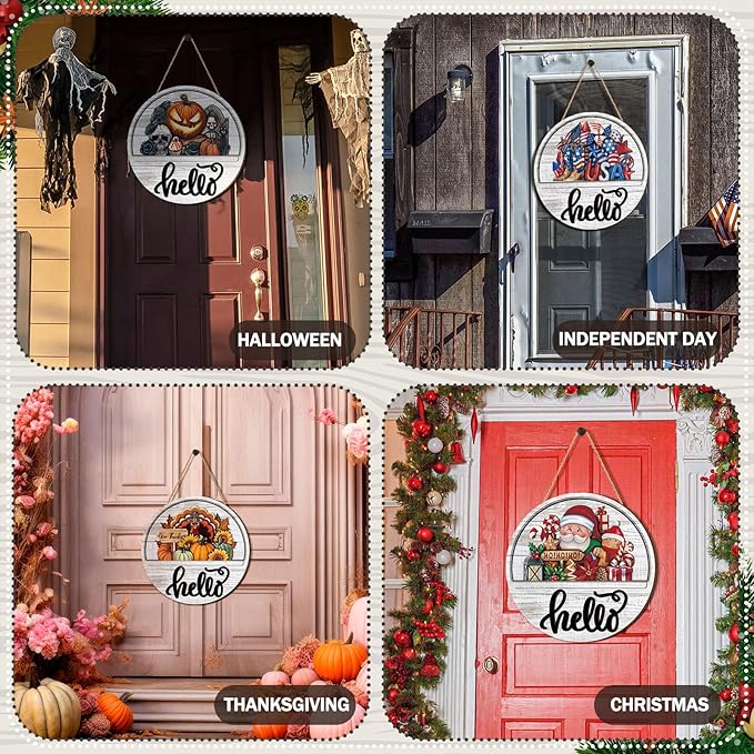 Yousoontic 17 Pcs 12 Inch Magnetic Welcome Door Sign Interchangeable Front Door Decor Rustic Fall Seasonal Hanging Sign Halloween Christmas Decor for Home Warming Gift(Lovely Color,Hello)