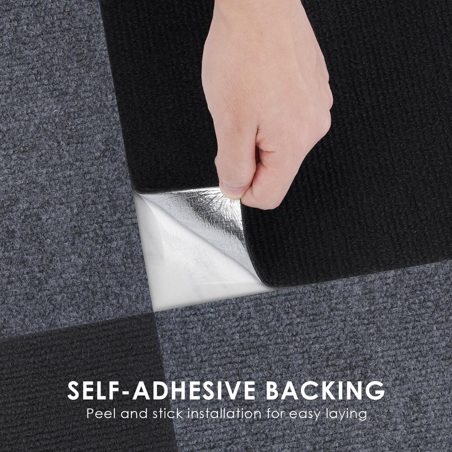 VallisCo Carpet Tile 20 Pack 24” X 24” Self Adhesive Carpet Floor Tiles Anti-Slip Squares Peel and Stick Floor Tile DIY Installation for Bedroom(Black)