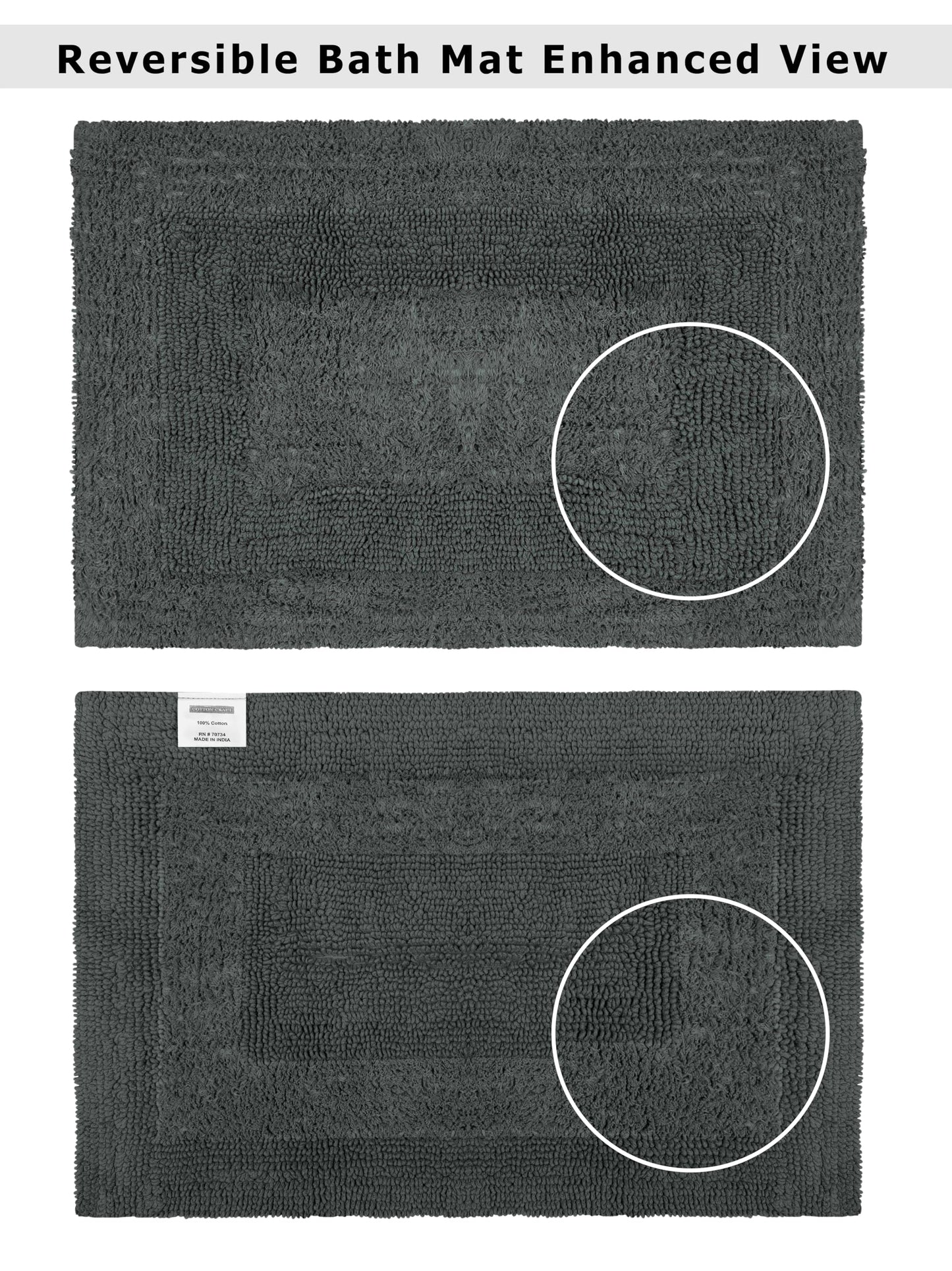 COTTON CRAFT Luxurious Bath Mat Rug - Set of 2 Reversible Heavyweight Step Out Bath Mats for Bathroom Floor, Tub and Shower - Pure Cotton Soft Plush Absorbent Hand Tufted Mat - 17 x 24 - Charcoal Grey