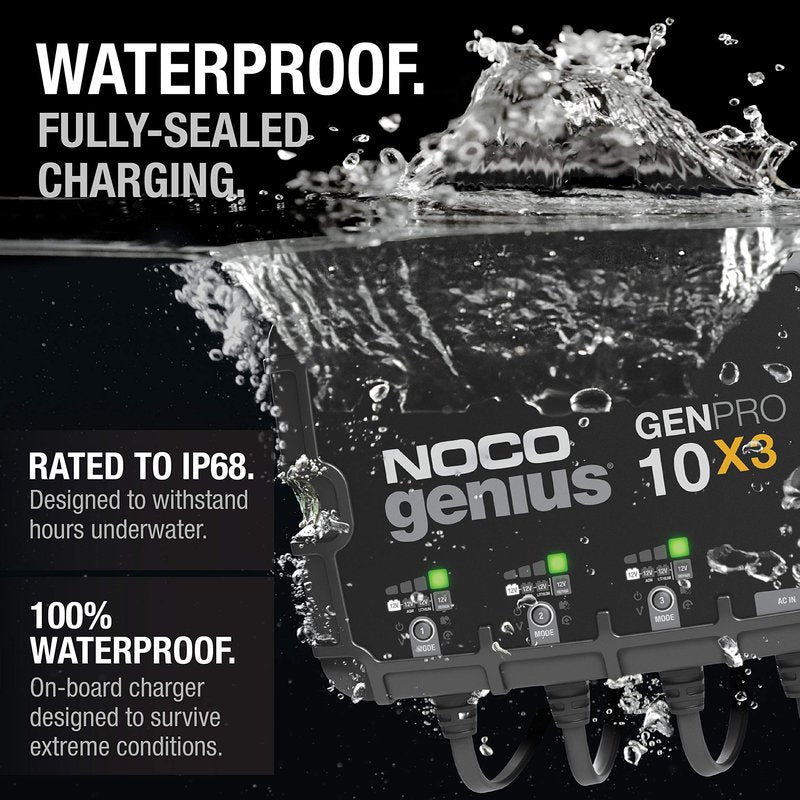 NOCO Genius GENPRO10X3, 3-Bank, 30A (10A/Bank) Smart Marine Battery Charger, 12V Waterproof Onboard Boat Charger, Battery Maintainer and Desulfator for AGM, Lithium (LiFePO4) and Deep-Cycle Batteries