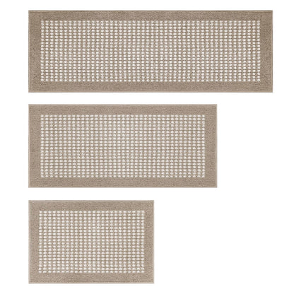 Ileading Kitchen Mat Sets 3 Piece Minimalist 3D Lattice Kitchen Floor Rugs with Non Slip Rubber Backing Machine Washable Farmhouse Runner Rugs for Laundry Hallway Doormat(Beige)