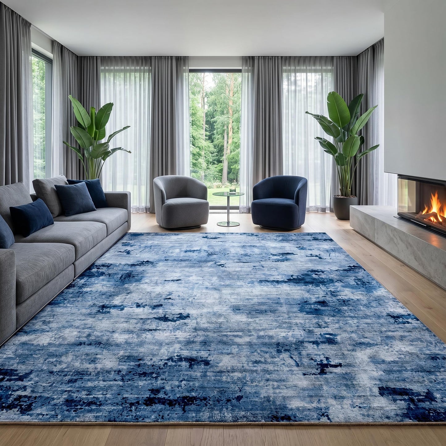 Cnythlis 8'x10' Washable Area Rugs for Living Room Bedroom, Pet Friendly Non Slip Low Pile Rug for Hardwood Floors High Traffic Areas, Modern Abstract Stain Resistant Carpet, Blue