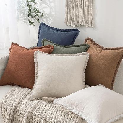 MIULEE Decorative Throw Pillow Covers Neutral Linen Fringe Throw Pillows Euro Shams Set of 2 Brown Boho Farmhouse Cushion Covers for Couch Sofa Bed Living Room Spring Home Decor 22x22 Inch