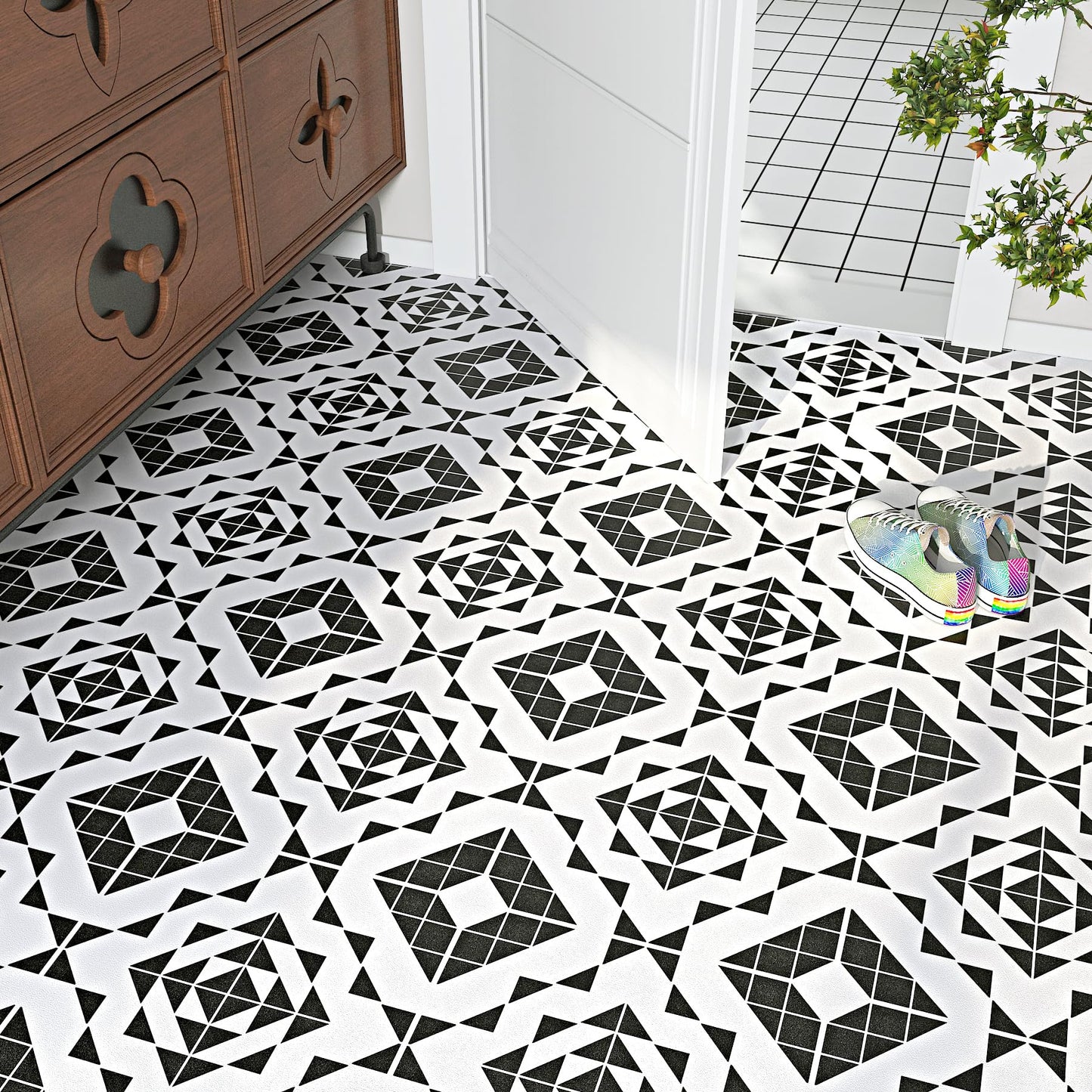 LaCheery Black and White Peel and Stick Floor Tile Bathroom Black and White Geometric Peel and Stick Floor Tiles Waterproof Laminate Linoleum Vinyl Sheet Flooring Roll for Kitchen Flooring PVC 12"x47"