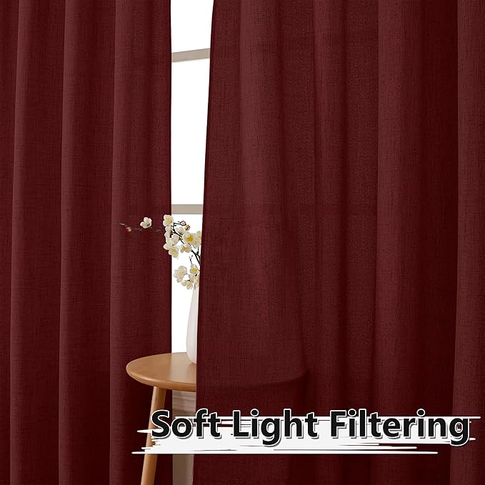 Tollpiz Linen Tier Curtains Rod Pocket Semi Sheer Short Kitchen Curtain Half Burlap Light Filtering Thick Linen Drape for Bathroom, 30 x 30 inches Long, Burgundy Red, Set of 2 Panels