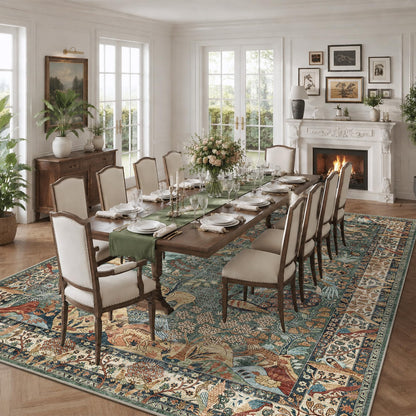 8x10 Green Boho Area Rug, Vintage Jungle Animal Print Large Washable Rug, Non Slip Low Pile Stain Resistant Carpet, Large Floor Rug for Living Room Farmhouse Dining Room Kids Playroom