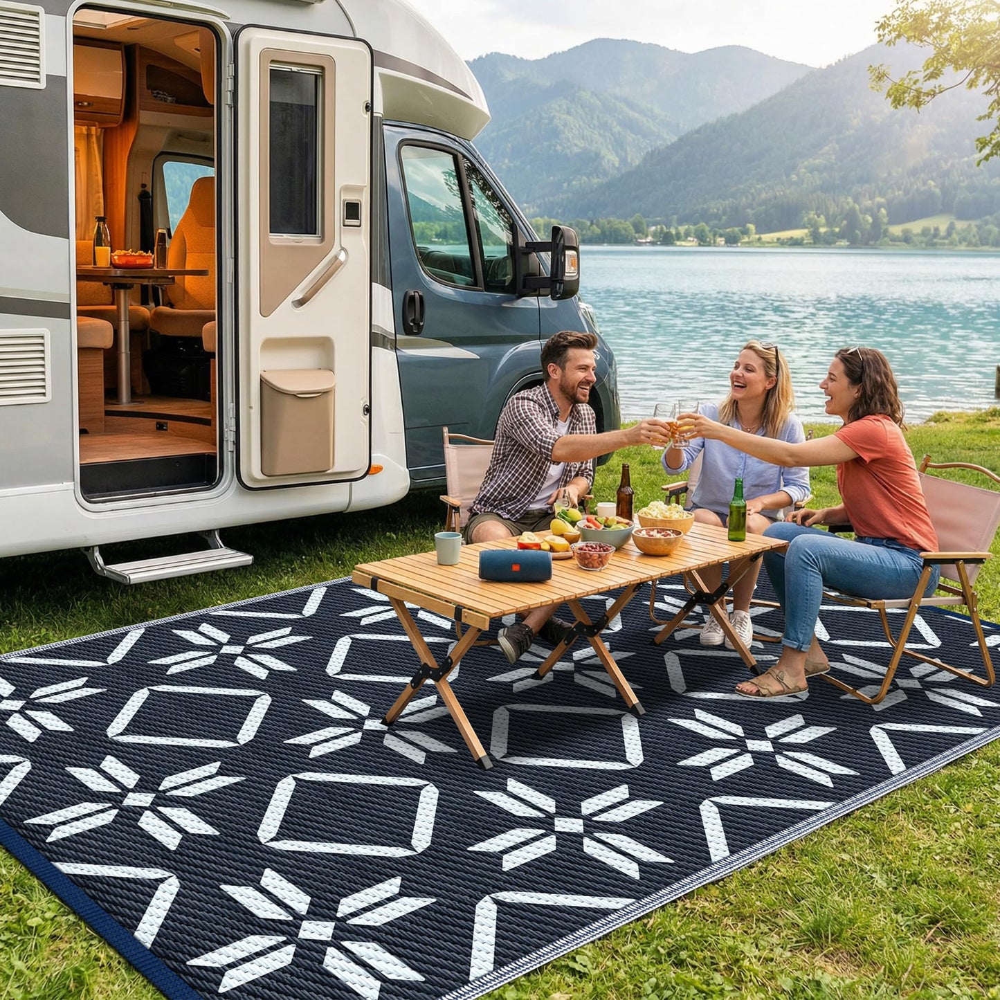 Kohree Outdoor Rug Waterproof 9x12, Reversible RV Outdoor Plastic Straw Rug Patio Mat, Non-Slip Easy Cleaning RV Carpet for Patio Camping Deck Picnic, Backyard, Includes Carry Bag (Blue)