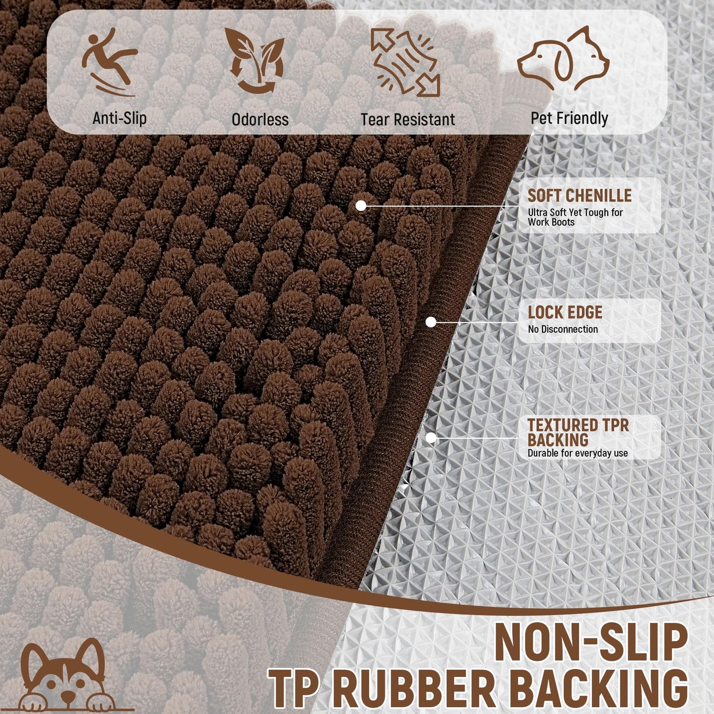HOMEK Absorbent Dog Door Mat for Muddy Paws, 60" x 36" Chenille Indoor Mats for Entryway, Trap Dirt Front Door Mat Indoor Entrance Washable Non Slip Soft Brown