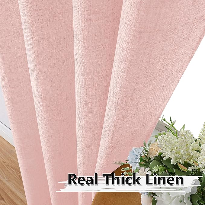 Tollpiz Linen Tier Curtain Rod Pocket Semi Sheer Half Kitchen Curtains Burlap Light Filtering Thick Linen Drape for Bathroom, 30 x 36 inches Long, Pink, Set of 2 Panels