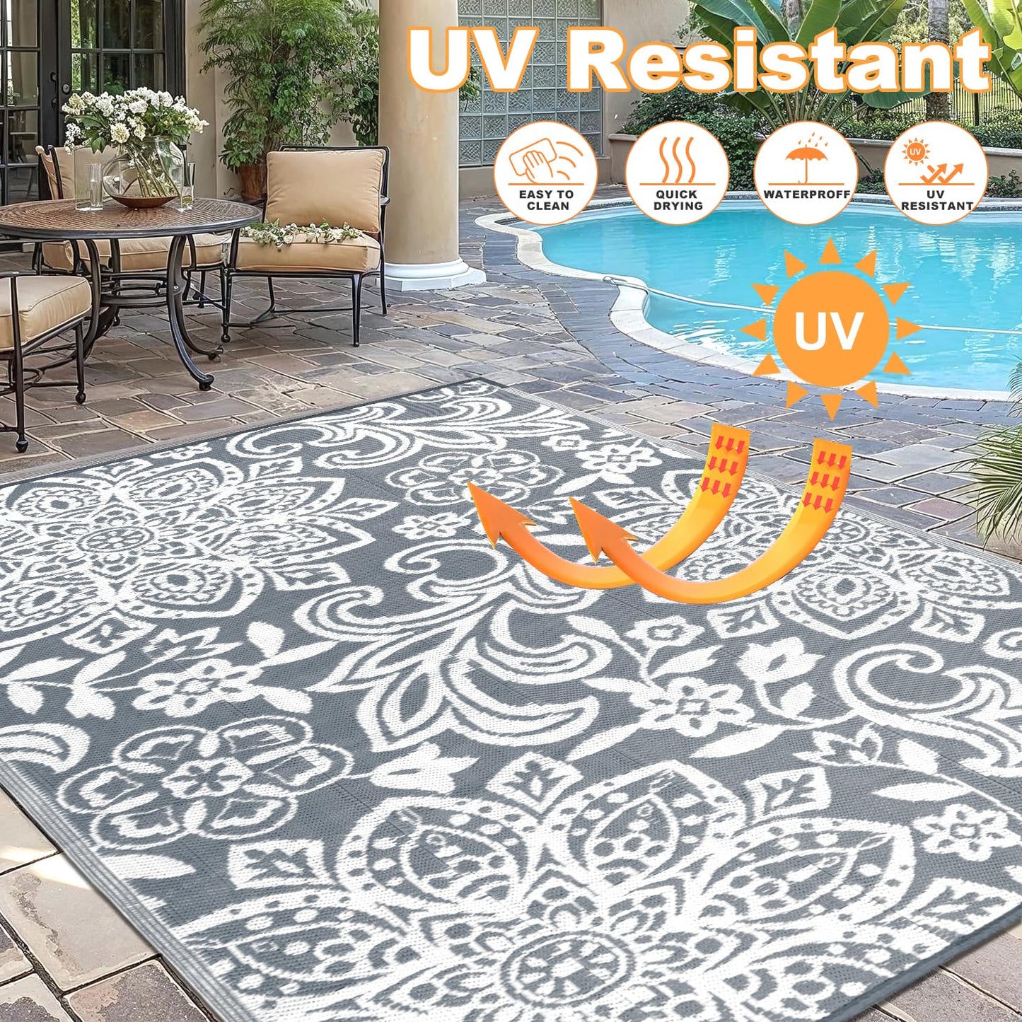 Findosom Waterproof Outdoor Rug 6' x 9' - Reversible Mandala Outdoor Plastic Straw Rug, Durable Foldable Patio Rug for RV, Deck, Balcony, Backyard, Picnic, Porch, Camping, Beach, Gray