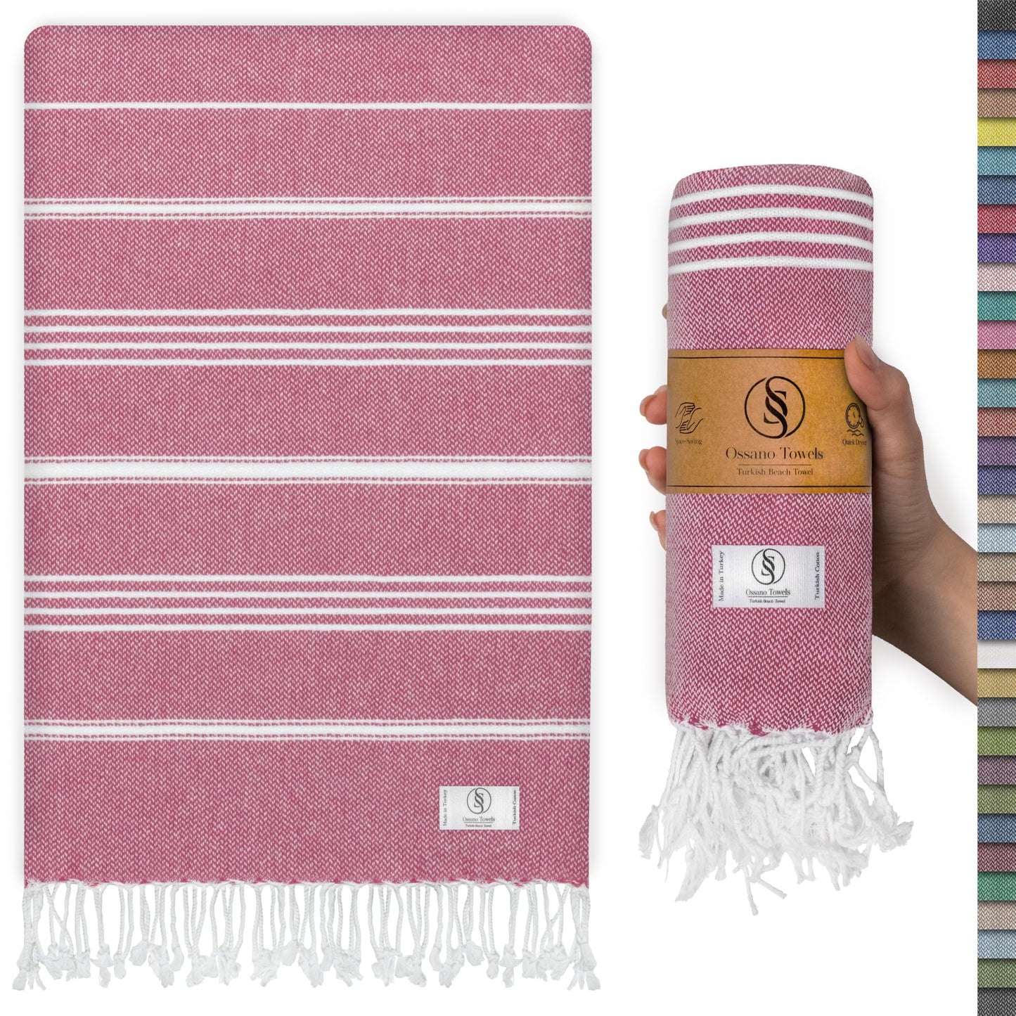 Ossano Turkish Beach Towel Soft & Drying Oversized (39" x 71") - Quick Dry, Versatile and Functional as Picnic, Travel and Beach Blanket, Yoga, Gym, Pool and Cruise Towels - Pink