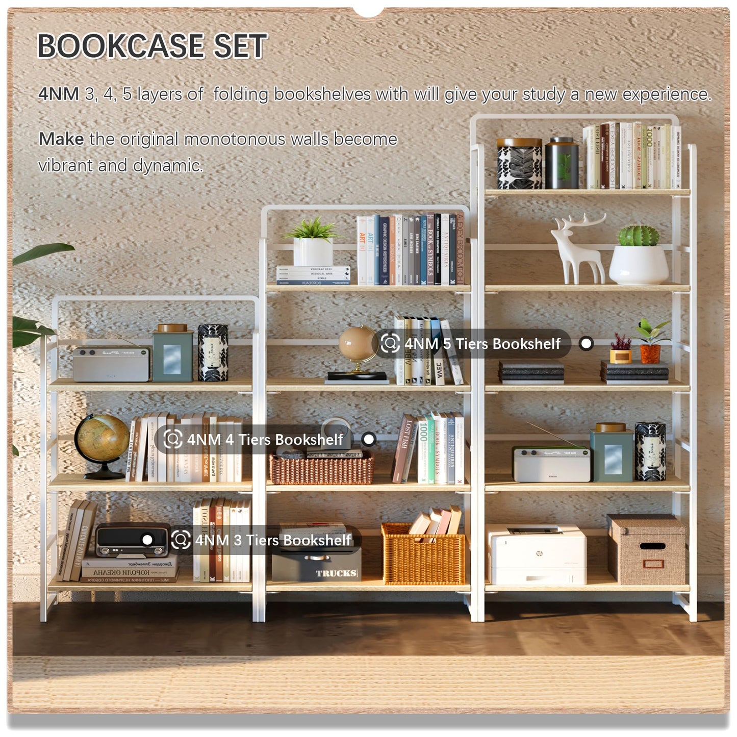 4NM No Assembly 5 Tiers Folding Bookshelf Storage Shelves Vintage Bookcase Standing Racks Study Organizer Home Office (Natural White)