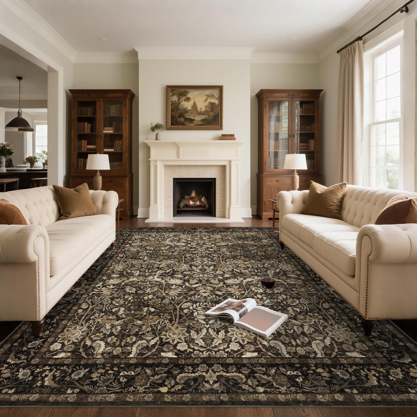 Brown 10x14 Area Rug Washable: Vintage Floral Rugs for Living Room Bedroom Dining Room Under Kitchen Table Office - Soft Non-Slip Stain Resistant Low Pile Large Carpet - Brown and Gold