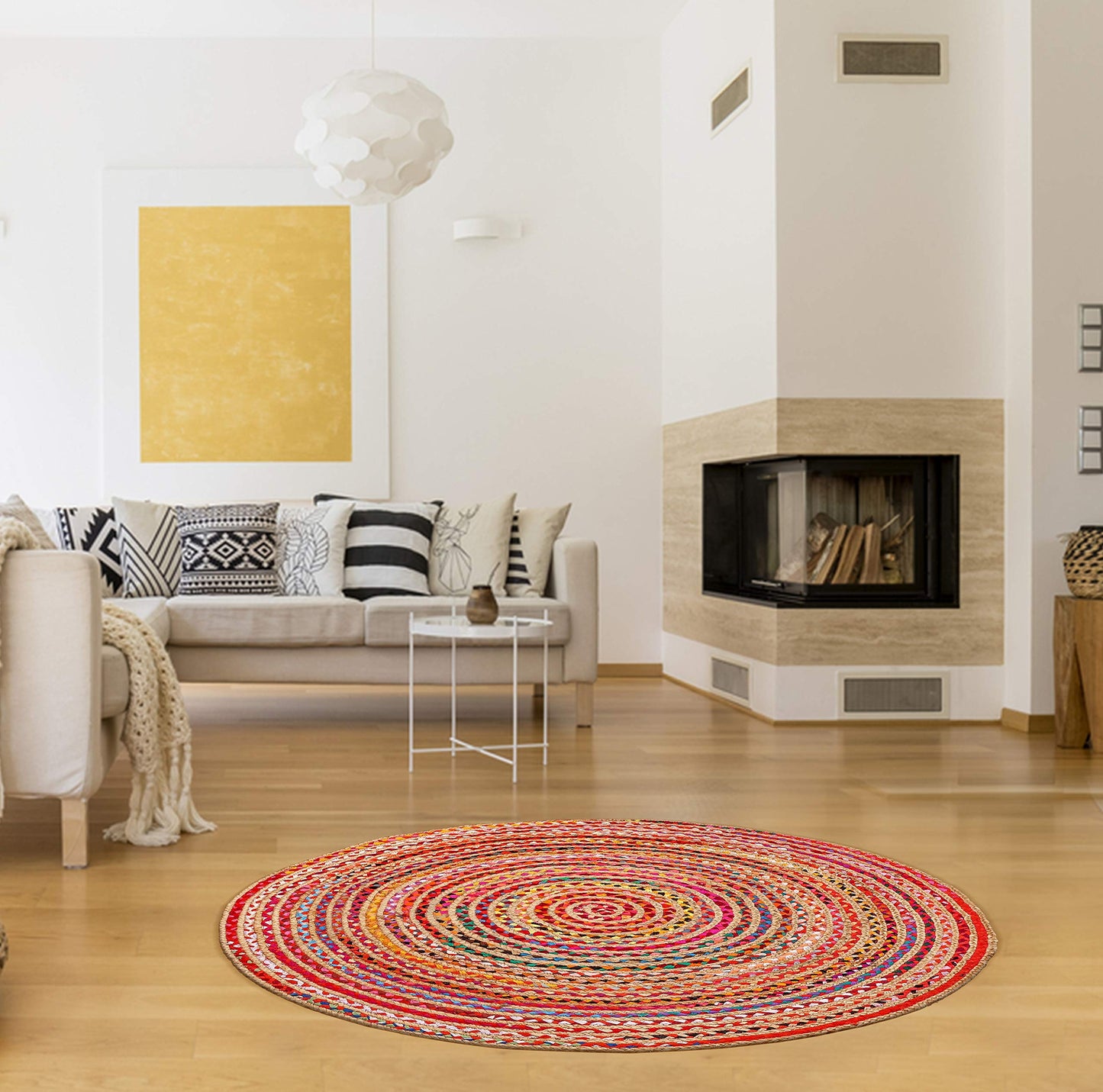 Lightnpro Bohemian Braided Rug 4 Feet Round - Multi Color, Circle Farmhouse Jute Cotton Area Rag Rug for Kitchen, Kids Bedroom, Playroom | Colorful Hand Woven Reversible Pet Friendly Carpet
