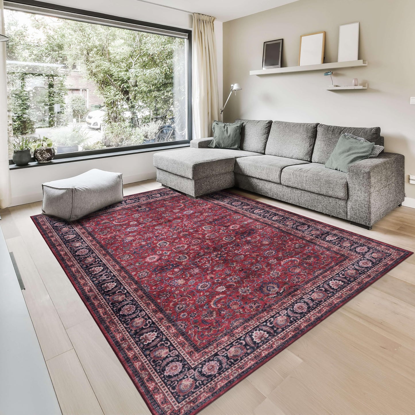 GLN Rugs Traditional - Yildiz - Machine Washable Area Rug, Vintage Washable, Non Slip, Low Pile Area Rug, Entryway, Hallway, Kitchen Rug - Easy Clean (3' x 5' Dark Red)