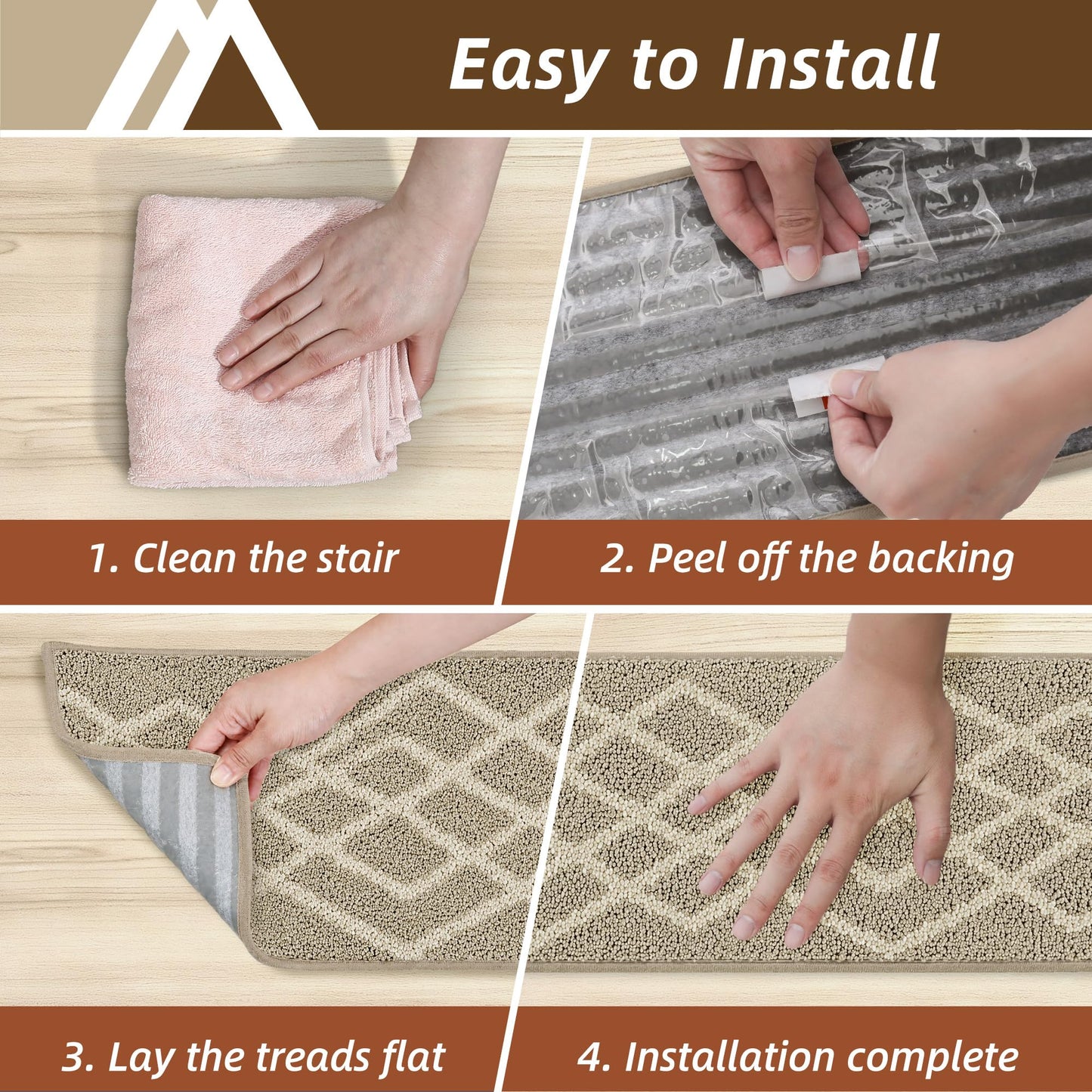 COSY HOMEER Soft Stair Treads 15pcs Non-Slip Carpet Mat 28inX9in Indoor Stair Runners for Wooden Steps,Stair Rugs for Kids and Dogs, 100% Polyester TPE Backing Beige,Rhombus