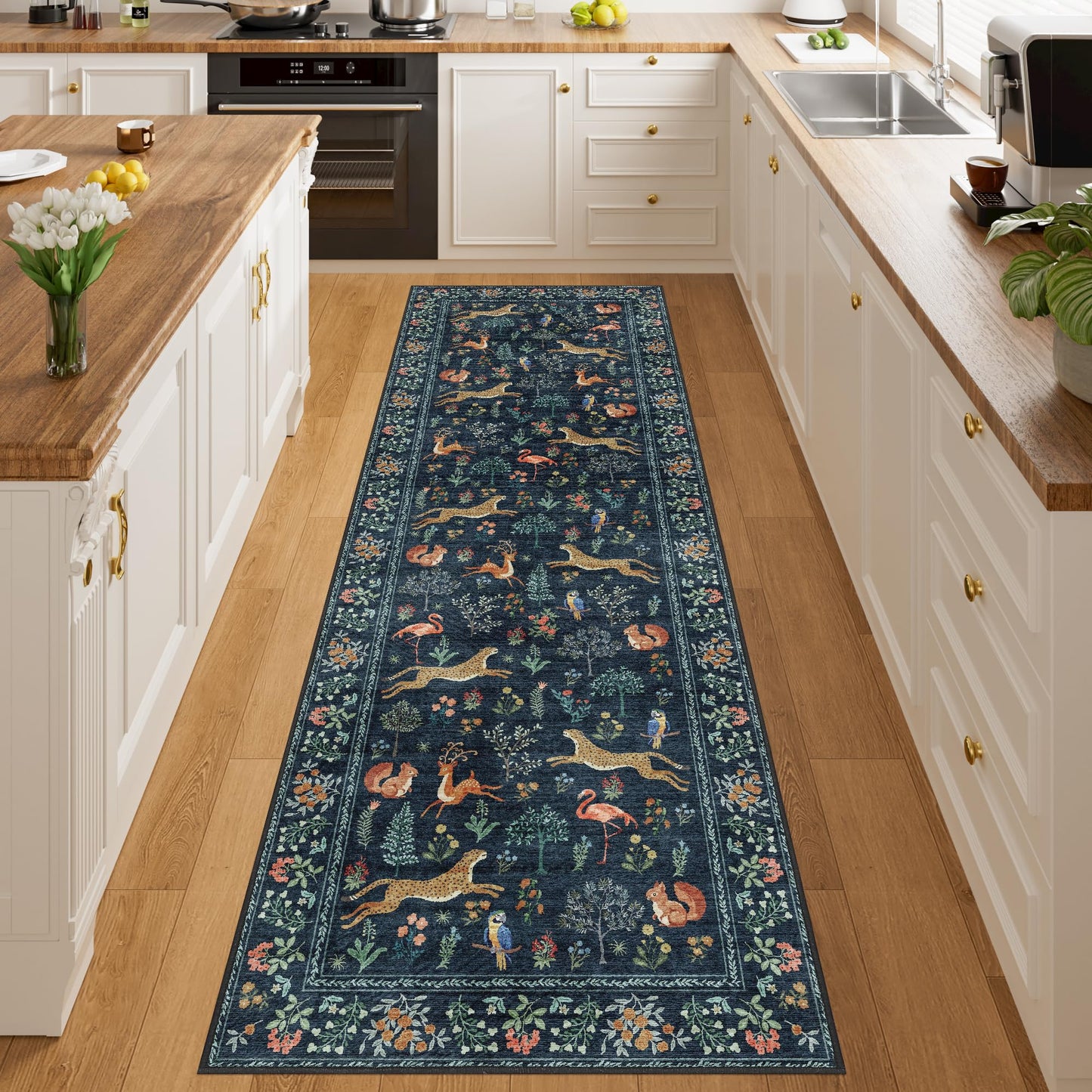 DUKINO 2x6 Rug for Hallway, Washable Kitchen Runner Rug with Non Slip Backing, Soft Low Pile Vintage Animal Runner for Bedroom, Kitchen, Hallway, Entryway, Laundry, Navy Blue