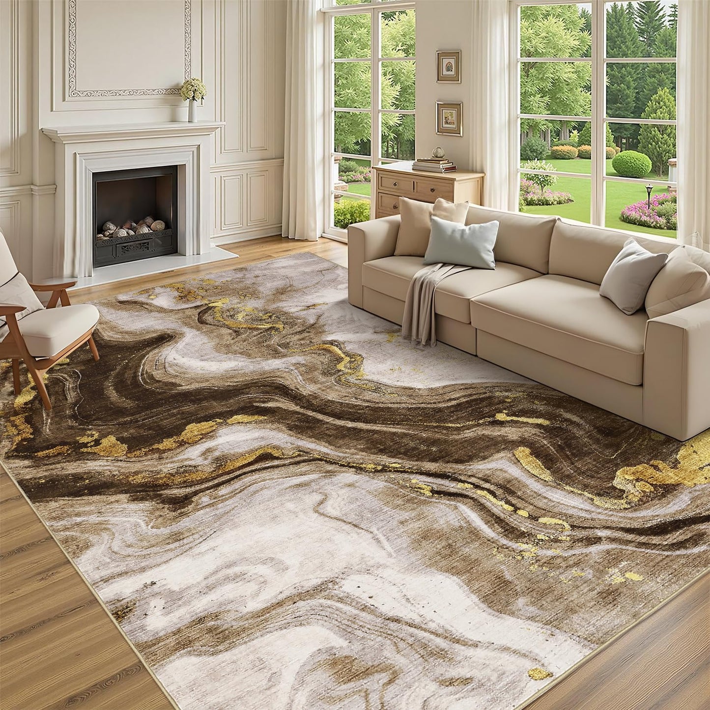 GarveeHome Modern Washable Rugs 5x7 Neutral Abstract Throw Rugs, Non-Slip Abstract Accent Carpet with Marble Swirl Pattern, Stain-Resistant Low Pile Indoor Carpet Rug for Living Room, Bedroom, Brown