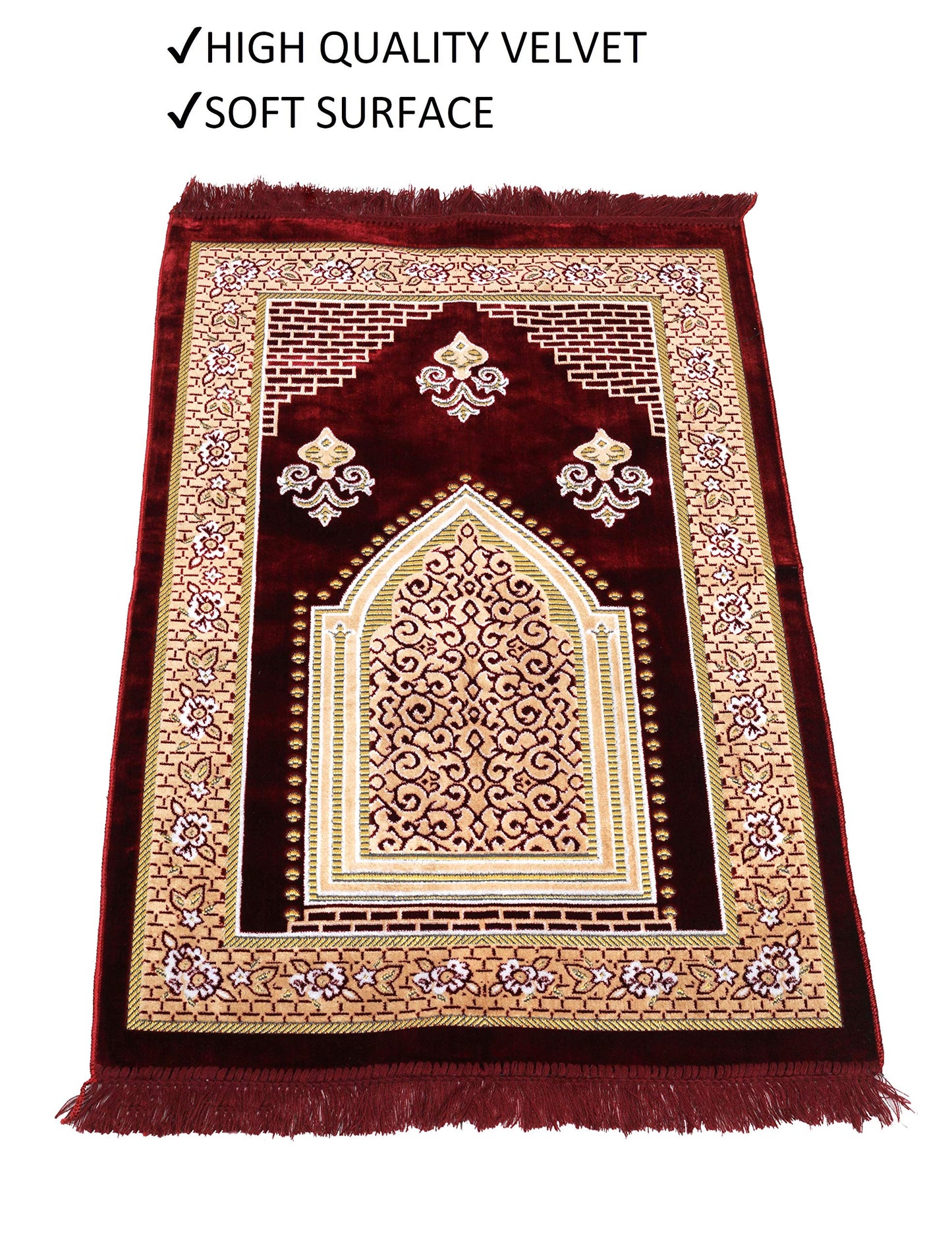 TB Muslim Prayer Rug, Islamic, Velvet Mat Ramadan Gift, with Prayer Bead Unique Decoration Gilded Gold-Like Embroidered for Women Man Kids Meditation Turkish African (Claret Red)