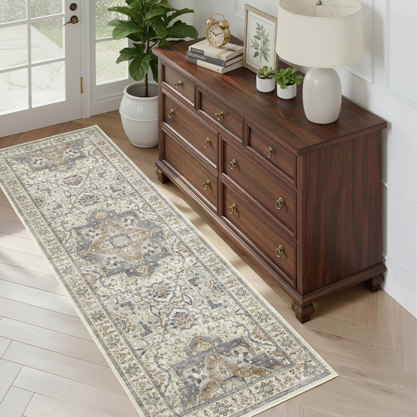 EiniHliw 2x6 Washable Kitchen Runner Rug, Non Slip Vintage Runner Rugs for Hallway, Ultra-Thin Low Pile Distressed Kitchen Rugs Non Skid, Machine Washable Laundry Entryway Indoor Carpet,Beige/Blue