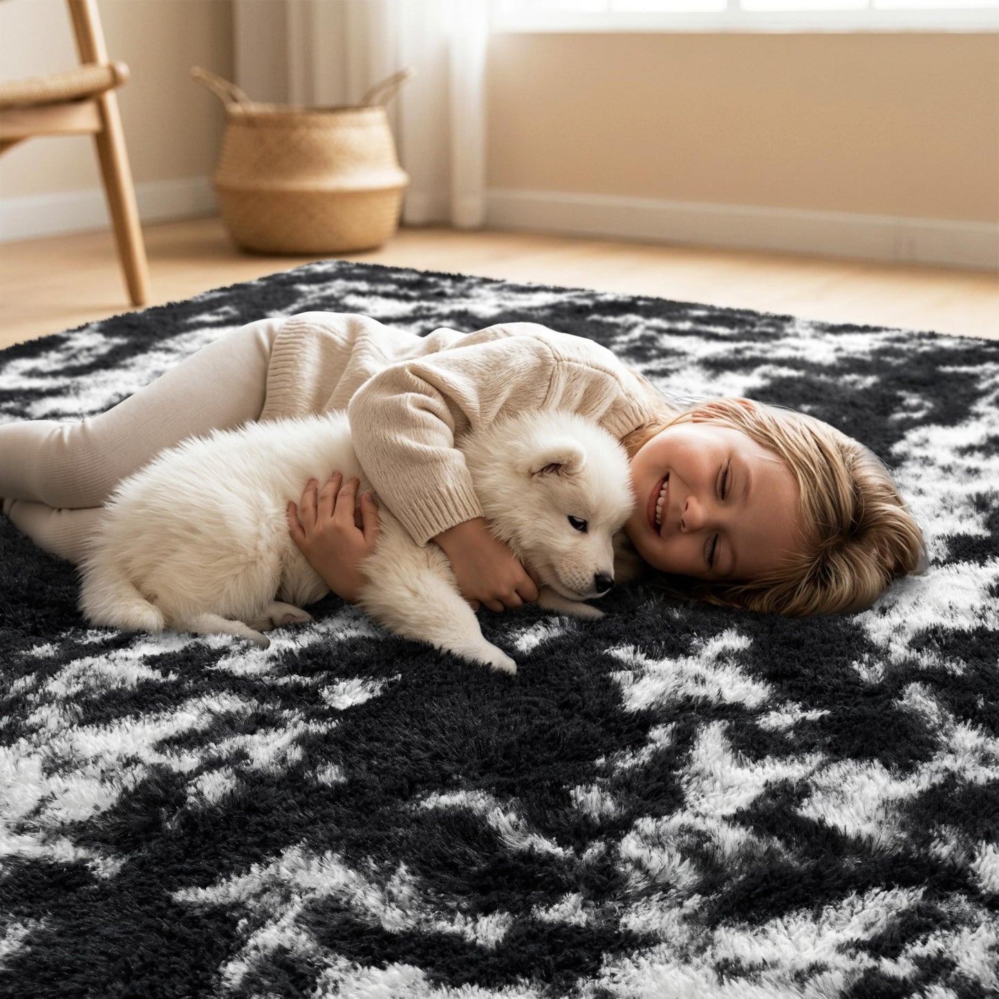 KIXINWA Rug for Bedroom, 4x6 Area Rug for Living Room, Fluffy Carpet for Kids Nursery Dorm Room, Soft Shag Non Slip Floor Rugs, Home Décor Carpet, Machine Washable, Tie-Dyed Black and White