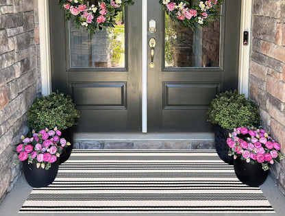 Black and White Striped Outdoor Rug 24'' x 51''Farmhouse Front Porch Rug Hand-Woven Machine Washable Layered Door Mats for Entryway/Bedroom/Patio/Porch Decor