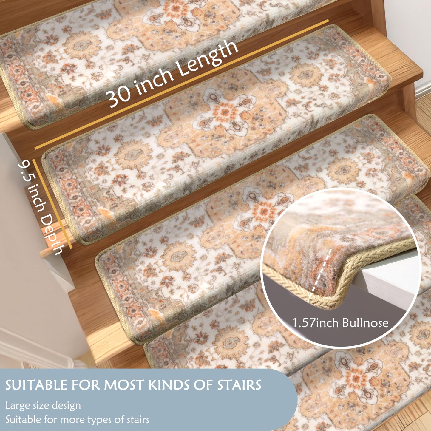 Brakki Bullnose Non-Slip Stair Treads for Wooden Steps, Carpet Stair Treads for Indoor Runner, Pet Friendly Soft Stair Rugs, Edging Stair Protectors Reusable, Washable, 30"x9.5"x1.5" 14pcs, Beige
