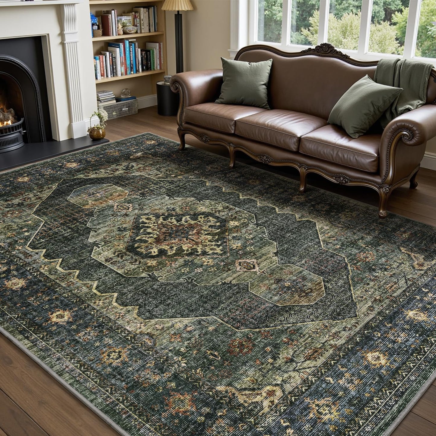 Engiw Olive Green 8x10 Area Rugs for Living Room Bedroom Rug Washable Vintage Neutral Farmhouse Rug Carpet Dining Room Rugs Office Retro Oriental Easy Clean Non Slip Large