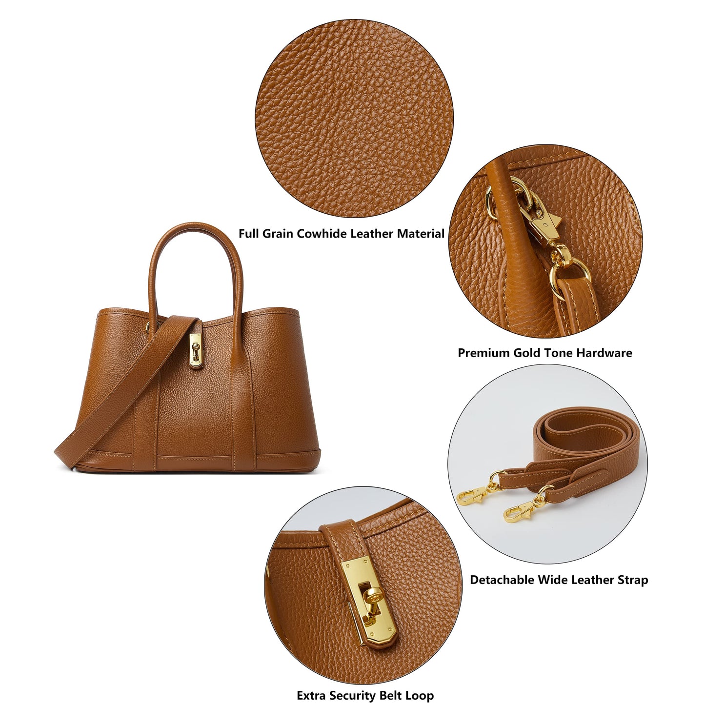 DORIS&JACKY Top Handle Satchel Purse for Women Medium Designer Leather Tote Bag with Wide Long Strap (Brown)