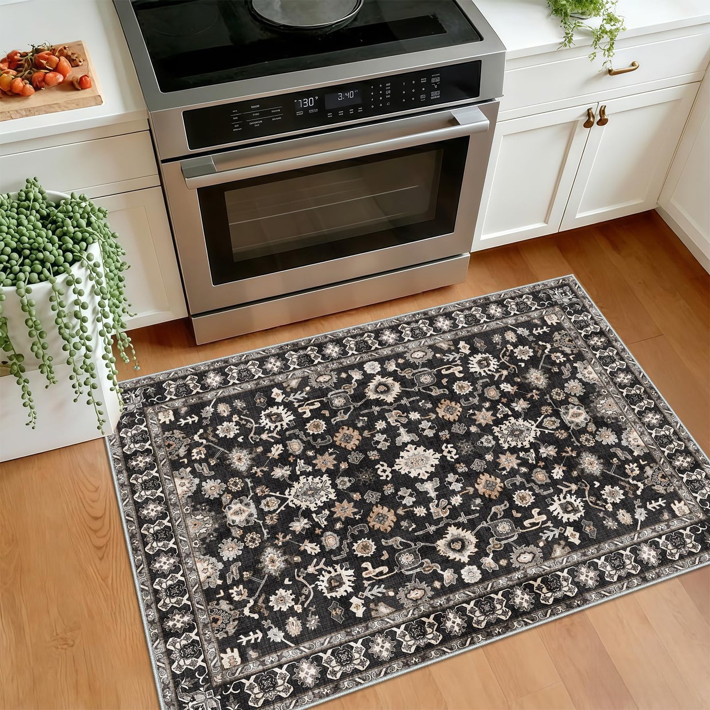 Washable 2x3 Area Rug for Entry Bathroom Kitchen Bedroom Carpet - Indoor Soft Non Slip Low Pile Throw Small Door mat - Protect Hardwood and Laminate Flooring Floral Farmhouse Decor 2x3 Black
