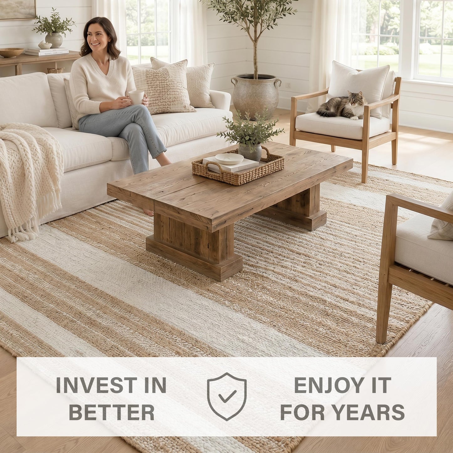 Homespice Reva Handwoven Jute Rug 4x6' - Dense & Thick Premium Handmade Natural Fibre Rugs for Bedroom and Office, Lays Flat, Won't Fray or Shed, Natural Brown with White Stripes
