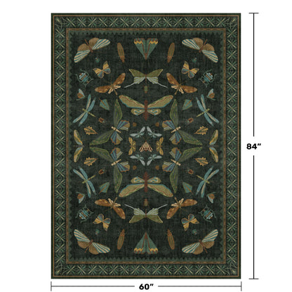 Dark Green Area Rugs 5x7 for Living Room - Fairy Fantasy Moss Rugs for Dining Room Table, Bedroom, Whimsical Insect Boho Moth Décor, Washable Non Skid Soft Carpet